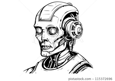 Hand-Drawn AI Robot Cyborg in a Timeless Vintage Engraved Style. Vector Illustration. Hand-Drawn AI Robot Cyborg in a Timeless Vintage Engraved Style. Vector Illustration. 115372696