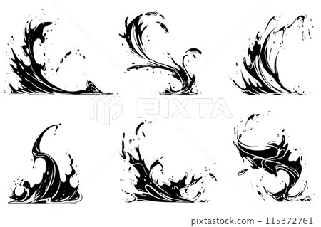 Vintage Sketch Collection: Liquid Wave and Splash Vector Engraved Style Illustration. Vintage Sketch Collection: Liquid Wave and Splash Vector Engraved Style Illustration. 115372761