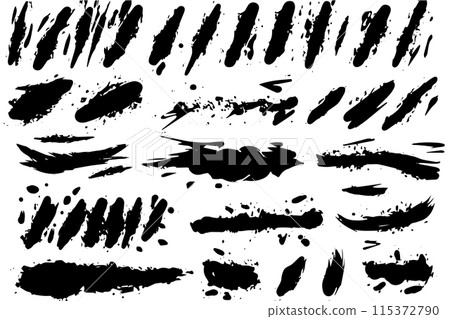 Vector Brushstroke Collection: Black Ink Splashes and Paintbrush Strokes Set. 115372790