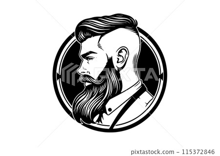 Hand drawn portrait of bearded man in profile. Hipster ink sketch. Logotype vector illustration. 115372846