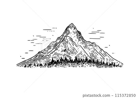 Vintage Mountain Landscape Sketch: Hand-Drawn Vectror Illustration of Rocky Peaks. Vintage Mountain Landscape Sketch: Hand-Drawn Vectror Illustration of Rocky Peaks. 115372850