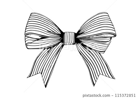 Vintage Christmas Gift: Hand-Drawn Bow and Ribbon Vector Sketch in Woodcut Style. Vintage Christmas Gift: Hand-Drawn Bow and Ribbon Vector Sketch in Woodcut Style. 115372851