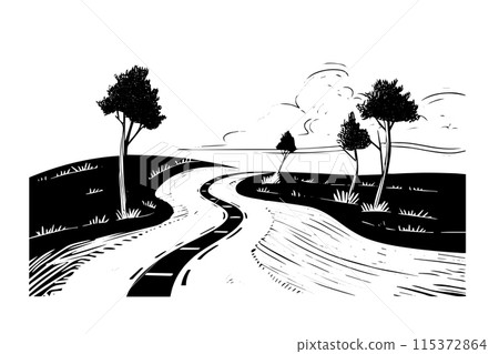 Simple road hand drawn ink sketch highway landscape. Engraved style vector illustration. Simple road hand drawn ink sketch highway landscape. Engraved style vector illustration. 115372864