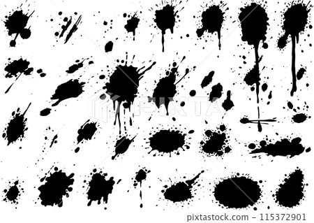 Vector set of ink splashes. Black inked splatter dirt stain splattered spray splash with drops blots isolated. Vector set of ink splashes. Black inked splatter dirt stain splattered spray splash with drops blots isolated. 115372901