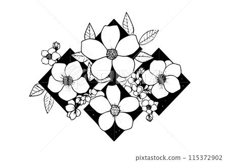 Sakura flower logotype hand drawn ink sketch. Engraved style vector illustration. Sakura flower logotype hand drawn ink sketch. Engraved style vector illustration. 115372902