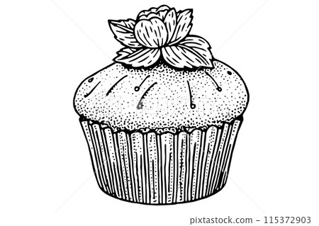 Cupcake hand drawn ink sketch. Engraved style retro vector illustration. Cupcake hand drawn ink sketch. Engraved style retro vector illustration. 115372903