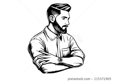 Hand drawn portrait of bearded man in profile. Hipster ink sketch. Logotype vector illustration. Hand drawn portrait of bearded man in profile. Hipster ink sketch. Logotype vector illustration. 115372905