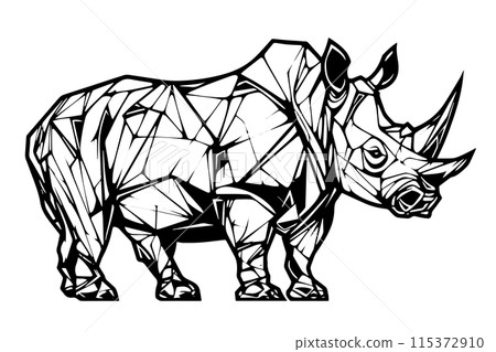 Rhino, geometric tatoo art. Engraved lined style with bold lines. Vector illustration. Rhino, geometric tatoo art. Engraved lined style with bold lines. Vector illustration. 115372910