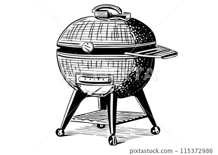 Retro barbecue grill hand drawn ink sketch. Engraved vector illustration. Retro barbecue grill hand drawn ink sketch. Engraved vector illustration. 115372986