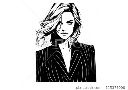 Business woman hand drawn ink sketch. Engraved style vector illustration. 115373008