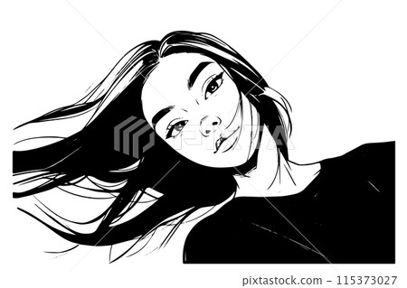 Beauty girl face portrait drawing engraving vector sketch. Fashion hair line. Beauty girl face portrait drawing engraving vector sketch. Fashion hair line. 115373027