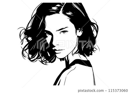 Confident girlhand drawn ink sketch. Engraved style vector portrait. Confident girlhand drawn ink sketch. Engraved style vector portrait. 115373060