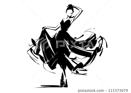 Beauty dancing woman silhouette. Sexy slim body logo vector icon. 115373079