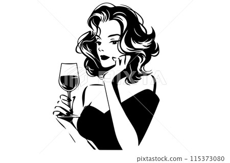 Sad girl with a glass of wine hand drawn ink sketch. Engraved style retro vector logotype. 115373080