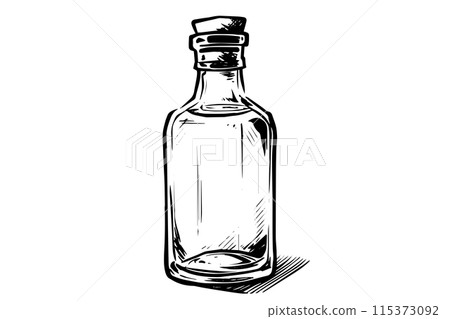 Vintage glass milk bottle woodcut engraved vector sketch. Vintage glass milk bottle woodcut engraved vector sketch. 115373092