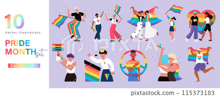 Vibrant Pride Month Celebrate Vector Set. Diverse Characters with Rainbow Flags, Heart Symbols, and Inclusive Messages. Perfect for LGBTQ Awareness and Support Campaigns Vibrant Pride Month Celebrate Vector Set. Diverse Characters with Rainbow Flags, Heart Symbols, and Inclusive Messages. Perfect for LGBTQ Awareness and Support Campaigns 115373183