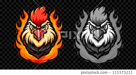 Hot spicy chicken vector logo design. Rooster mascot. Emblem with chicken head in flames. Hot spicy chicken vector logo design. Rooster mascot. Emblem with chicken head in flames. 115373211