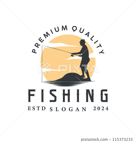 Angler Fishing Logo, Simple Outdoor Fishing Man Silhouette Template Design Angler Fishing Logo, Simple Outdoor Fishing Man Silhouette Template Design 115373233