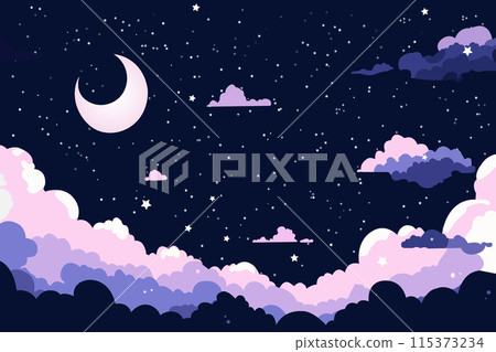 Cartoon starry background. Cloud, crescent and stars in darkness vector print graphic. 115373234