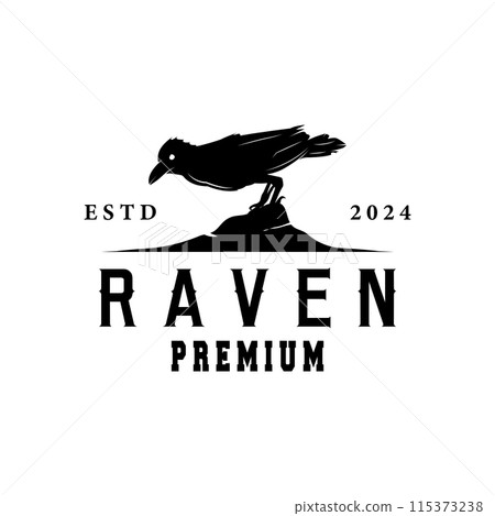 Black crow logo silhouette design with simple retro vintage black concept template illustration Black crow logo silhouette design with simple retro vintage black concept template illustration 115373238