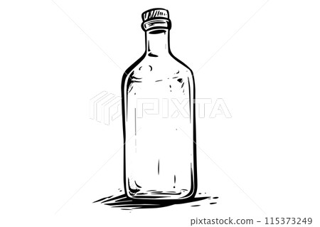 Vintage glass milk bottle woodcut engraved vector sketch. 115373249