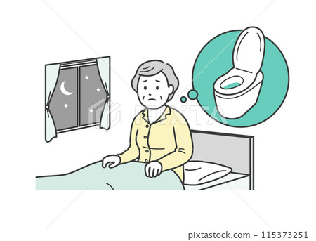 Illustration of an elderly woman suffering from frequent urination at night, feeling stressed because she feels the need to urinate while sleeping 115373251