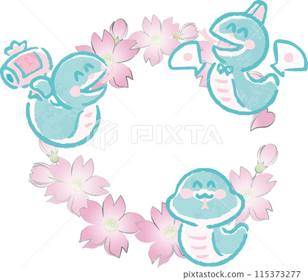 Frame New Year's card 2025 New Year 2025 Year of the snake Snake Hand-drawn Watercolor Cherry blossoms Cute Illustration material 115373277