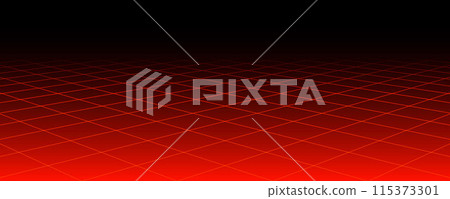 Red glowing neon wireframe background. Shining diagonal checkered grid planes in perspective. Retro futuristic depth wallpaper. Arcade game sci fi matrix surface backdrop for poster, banner. Vector 115373301
