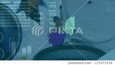 Image of digital interface and statistics with scientist working with equipment in lab Image of digital interface and statistics with scientist working with equipment in lab 115373339