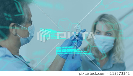 Medical data processing against female doctor filling syringe with covid-19 vaccine 115373341