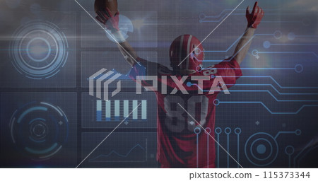 Image of data processing on screens over american football player in background 115373344