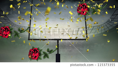 Image of confetti and roses falling over sports stadium Image of confetti and roses falling over sports stadium 115373355