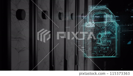 Image of data processing and digital padlock over servers 115373363