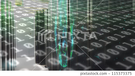 Image of binary code and shapes over servers 115373375
