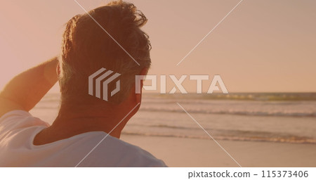 Rear view of caucasian senior man enjoying the view at the beach 115373406