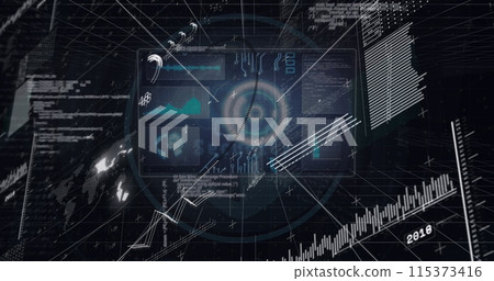 Image of digital interface with data processing over black background Image of digital interface with data processing over black background 115373416