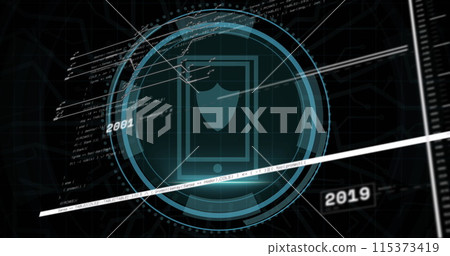 Image of digital interface with data processing over black background 115373419