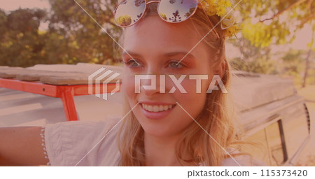 Happy caucasian woman getting out of the car and enjoying the view 115373420