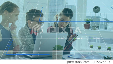 Image of financial data processing over schoolchildren working together in an office using laptop Image of financial data processing over schoolchildren working together in an office using laptop 115373493