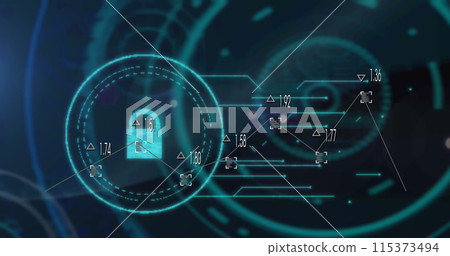 Image of digital interface with data processing over black background Image of digital interface with data processing over black background 115373494