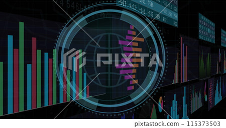 Image of digital interface with data processing over black background Image of digital interface with data processing over black background 115373503
