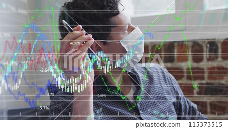Image of financial data processing over businessman wearing face mask Image of financial data processing over businessman wearing face mask 115373515