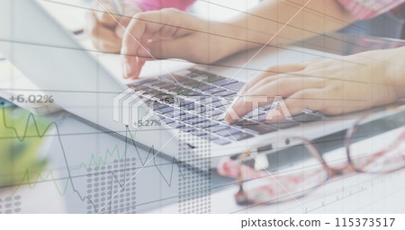Image of financial data processing over schoolchild working in an office, using laptop computer Image of financial data processing over schoolchild working in an office, using laptop computer 115373517