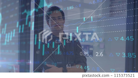 Image of financial data processing over businessman in office Image of financial data processing over businessman in office 115373521