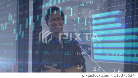 Image of financial data processing over businessman in office Image of financial data processing over businessman in office 115373524