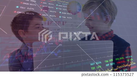 Image of financial data processing over two schoolboys working in an office together, using laptop c 115373527
