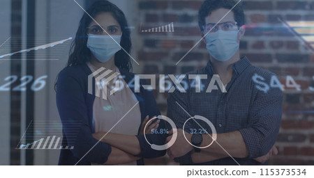 Image of financial data processing over people wearing face masks Image of financial data processing over people wearing face masks 115373534