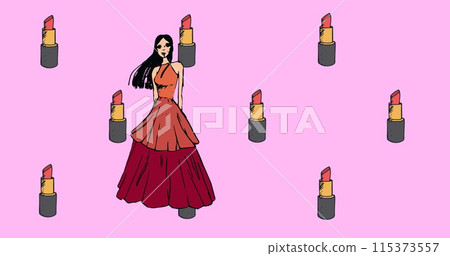 Image of lipsticks over female model in dress on pink background Image of lipsticks over female model in dress on pink background 115373557