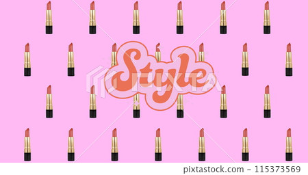 Image of powder and lipsticks icons and style text on purple background 115373569