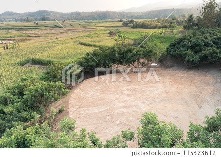 Land and soil backfill in aerial view in in Nan province of Thailand. 115373612